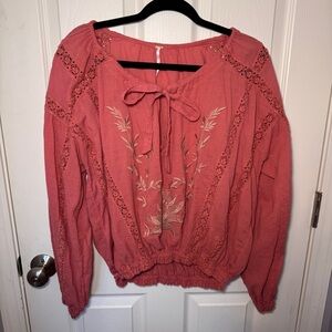 Free People Coral Tie Front Peasant Top